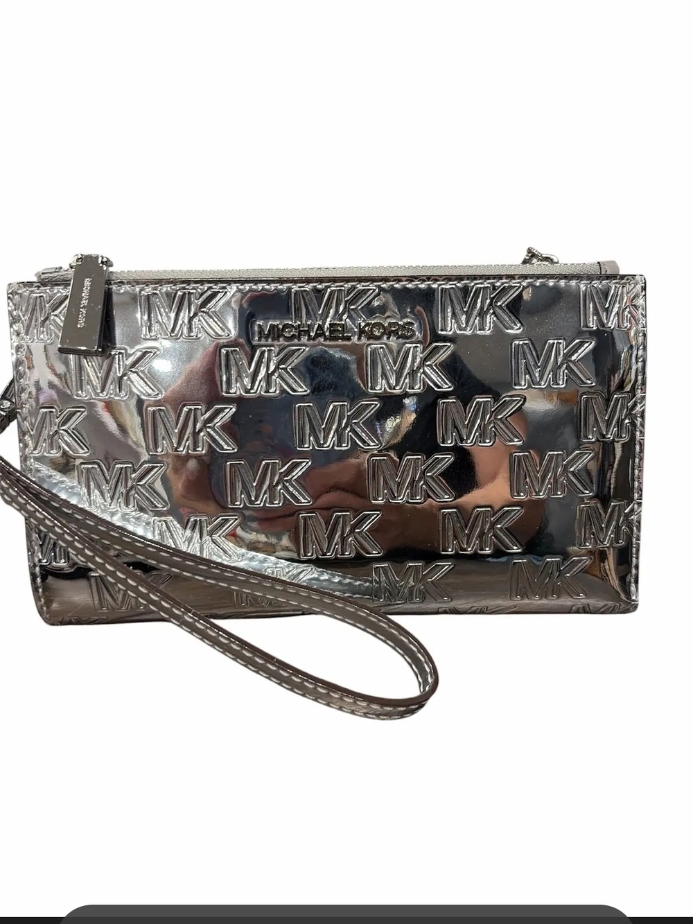 Michael Kors Metallic Silver MK Embossed Wristlet Clutch